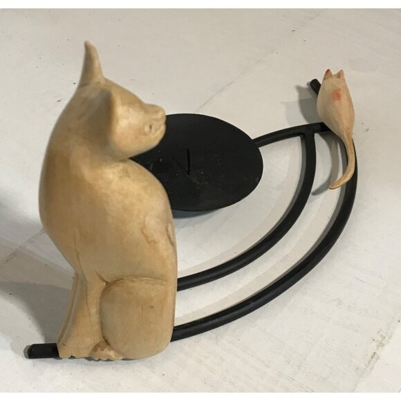 Cat & Mouse Candle Holder Wood and Metal Modern Unique 6" tall - Picture 2 of 8